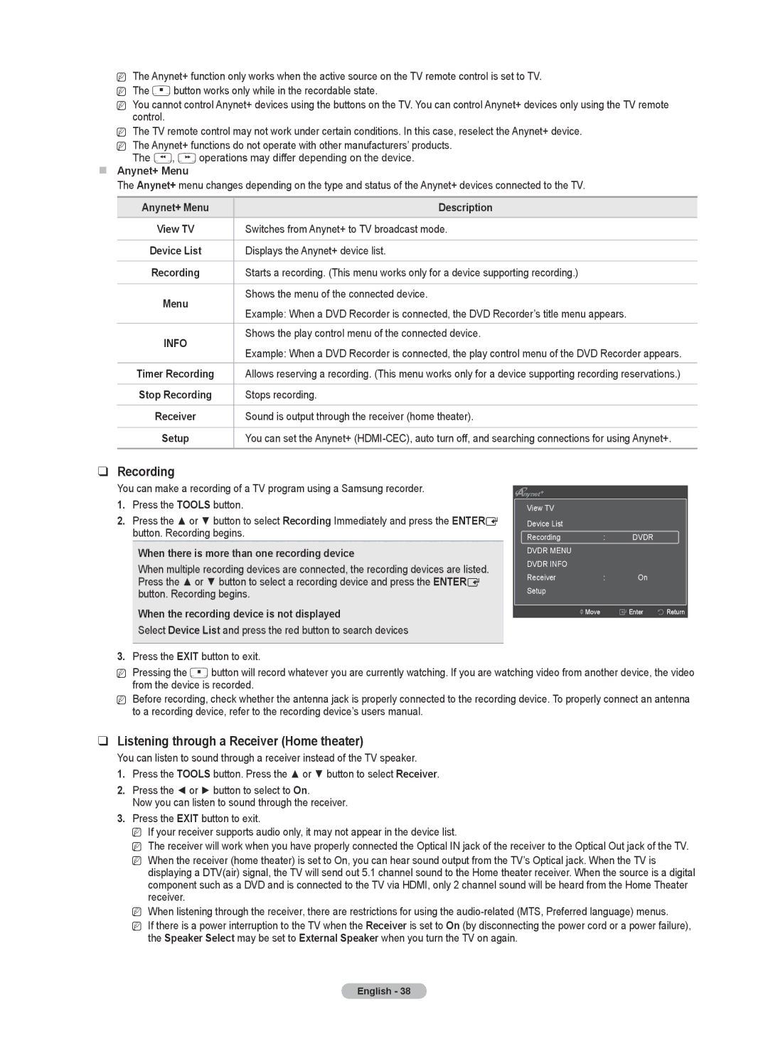 Samsung PN58B530, BN68-02140A-00, PN50B50SF, Series P5 user manual Recording, Listening through a Receiver Home theater 