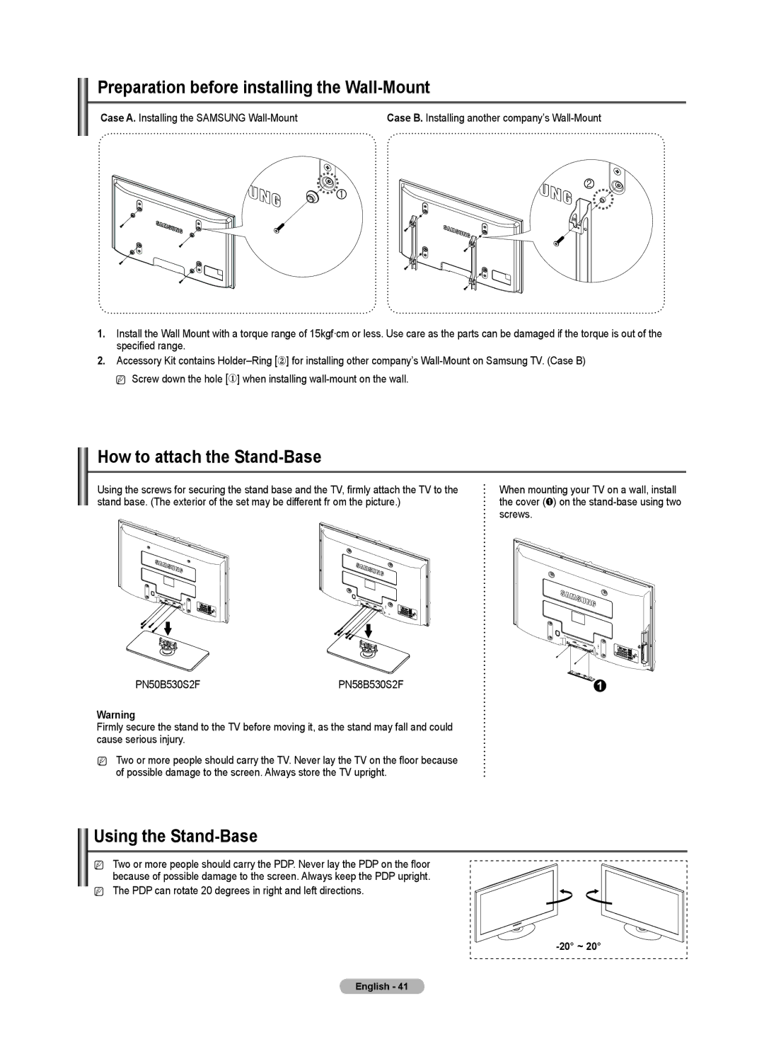 Samsung PN50B50SF Preparation before installing the Wall-Mount, How to attach the Stand-Base, Using the Stand-Base 