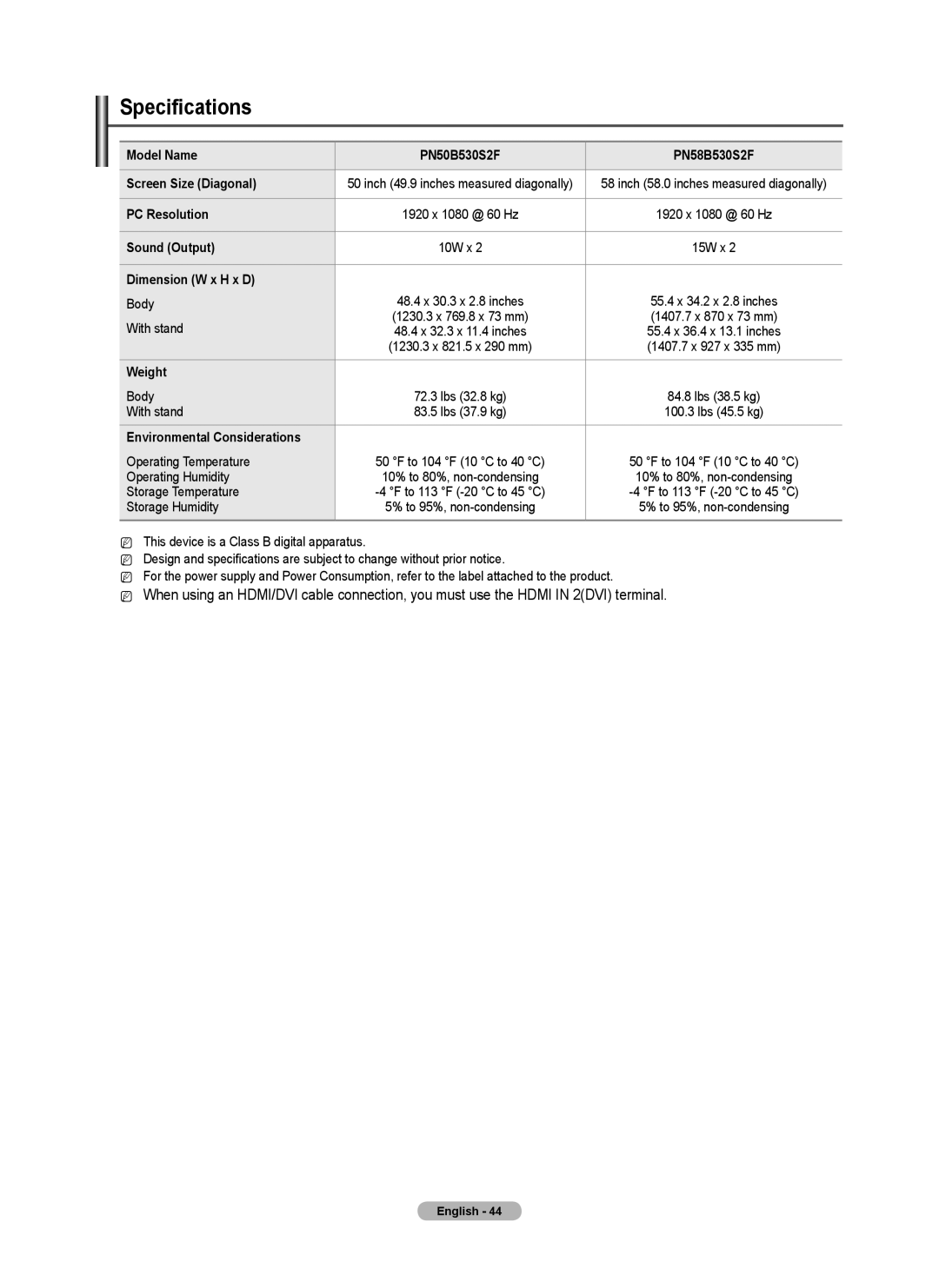 Samsung BN68-02140A-00, PN50B50SF, PN58B530, Series P5 user manual Specifications 