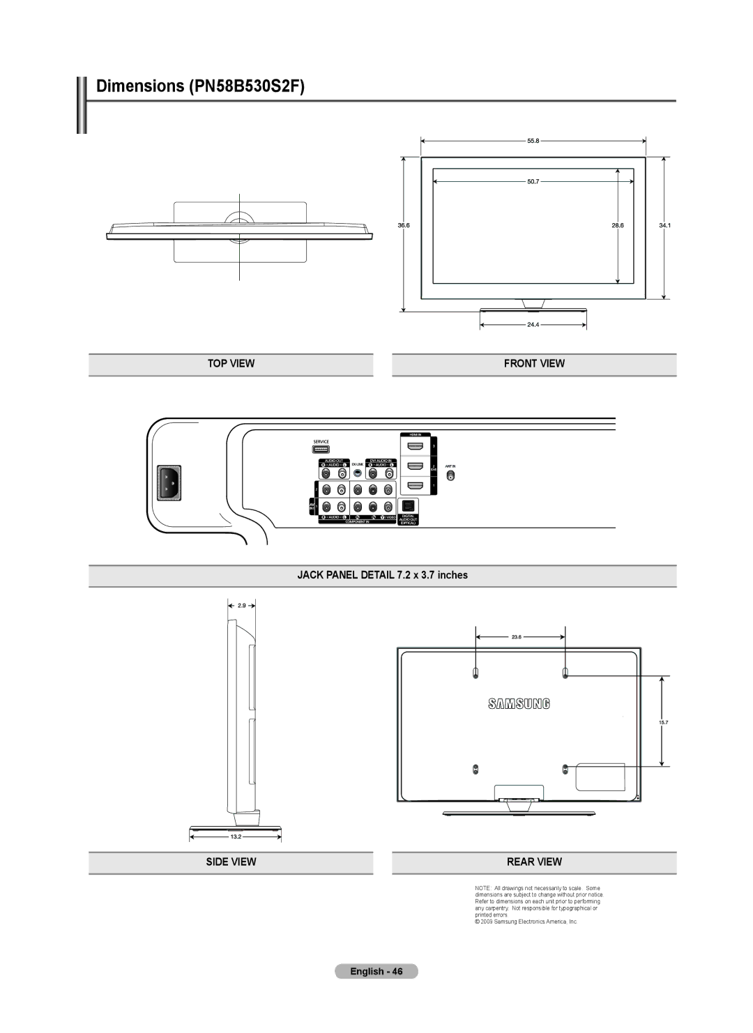 Samsung BN68-02140A-00, PN50B50SF, Series P5 user manual Dimensions PN58B530S2F 