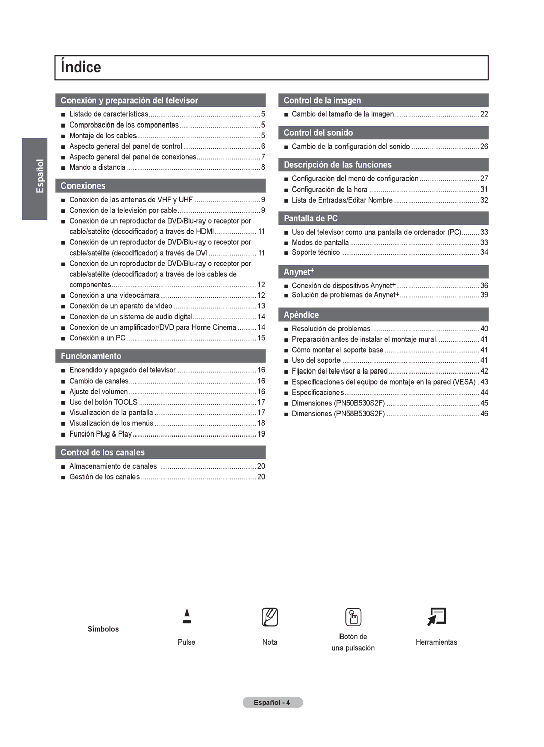 Samsung PN50B50SF, BN68-02140A-00 Índice, Conexión de un reproductor de DVD/Blu-ray o receptor por, Símbolos, Pulse 