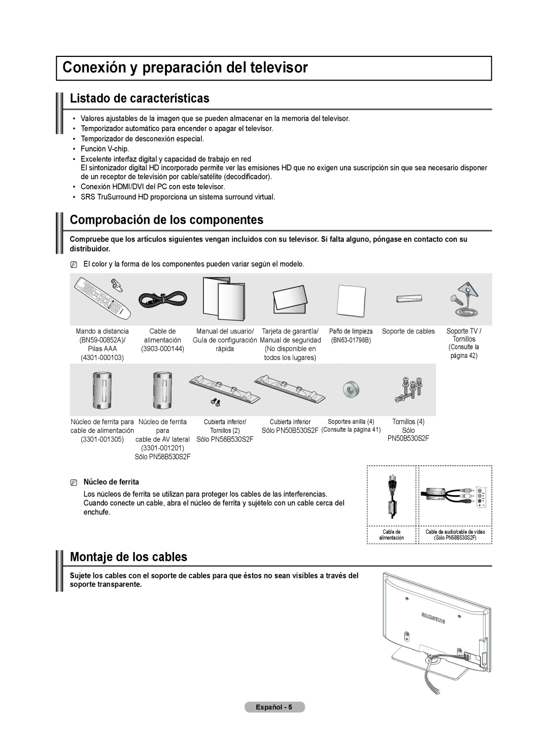 Samsung PN58B530 Conexión y preparación del televisor, Listado de características, Comprobación de los componentes 