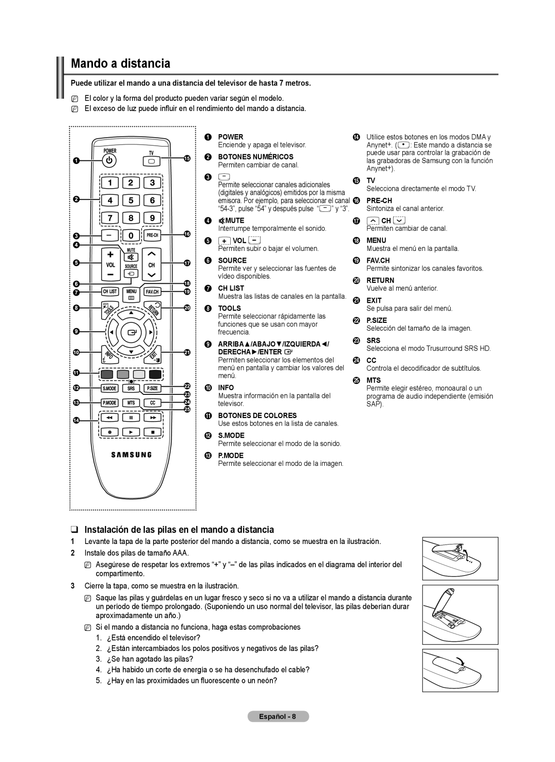 Samsung PN50B50SF, BN68-02140A-00, PN58B530, Series P5 Mando a distancia, Instalación de las pilas en el mando a distancia 