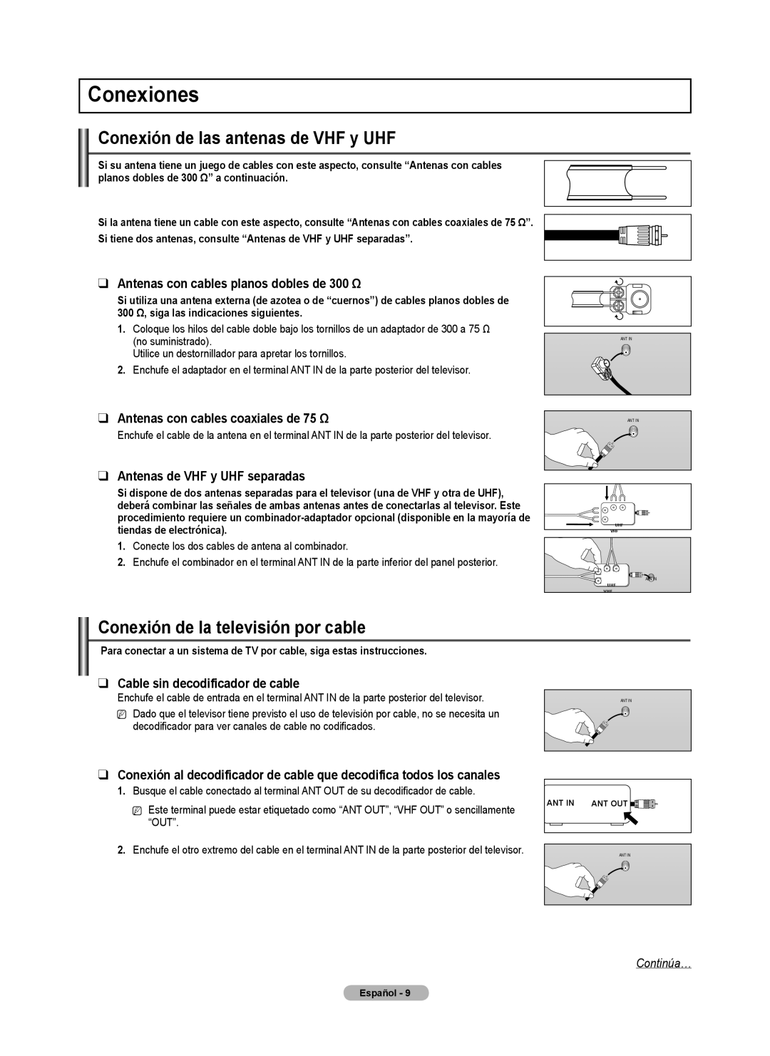 Samsung PN58B530, BN68-02140A-00 Conexiones, Conexión de las antenas de VHF y UHF, Conexión de la televisión por cable 