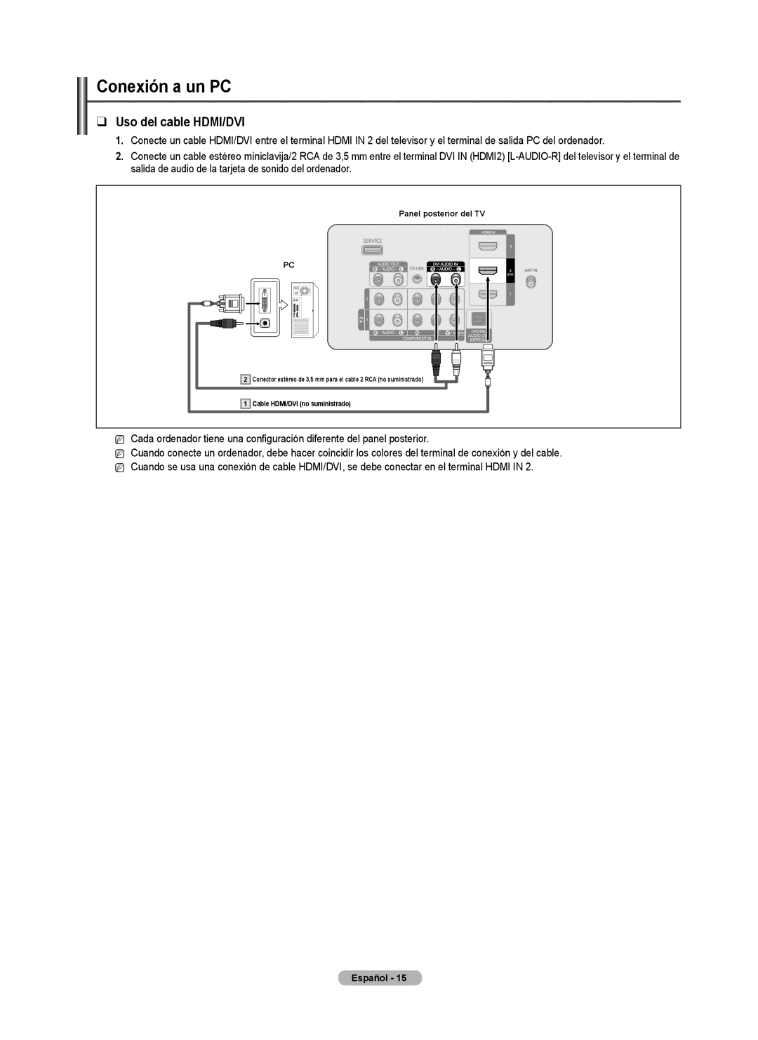 Samsung BN68-02140A-00, PN50B50SF, PN58B530, Series P5 user manual Conexión a un PC, Uso del cable HDMI/DVI 