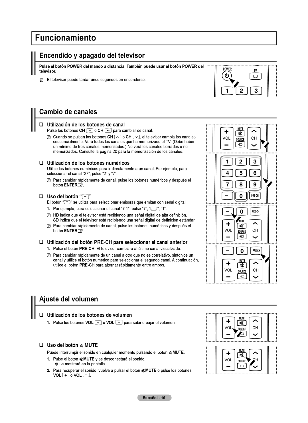 Samsung PN50B50SF, BN68-02140A-00 Funcionamiento, Encendido y apagado del televisor, Cambio de canales, Ajuste del volumen 