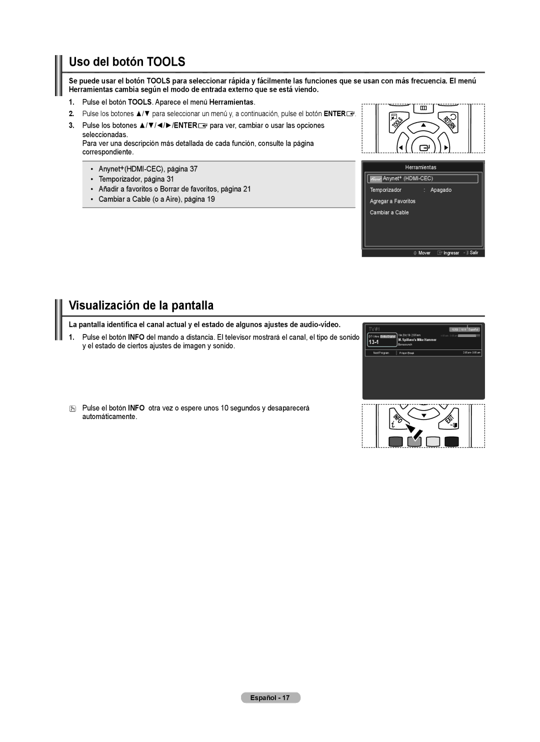 Samsung PN58B530, BN68-02140A-00, PN50B50SF, Series P5 user manual Visualización de la pantalla, Uso del botón Tools 