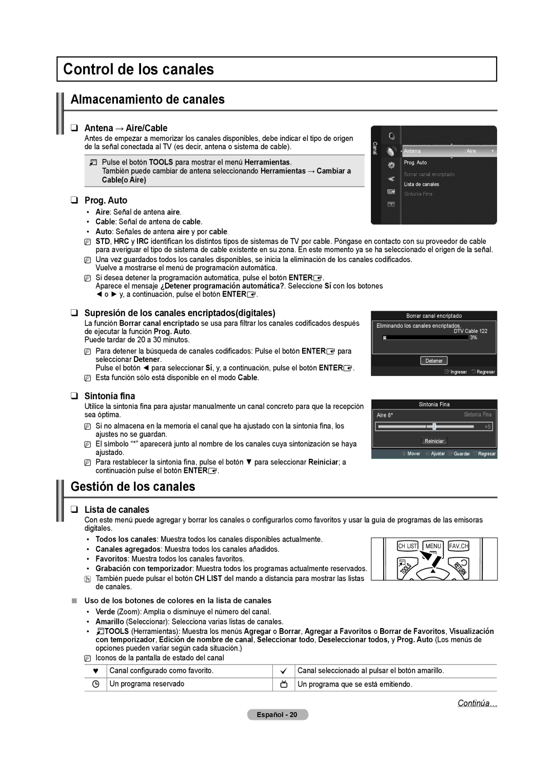 Samsung PN50B50SF, BN68-02140A-00, PN58B530 Control de los canales, Almacenamiento de canales, Gestión de los canales 