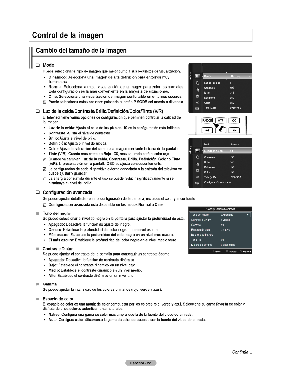 Samsung Series P5, BN68-02140A-00 Control de la imagen, Cambio del tamaño de la imagen, Modo, Configuración avanzada 