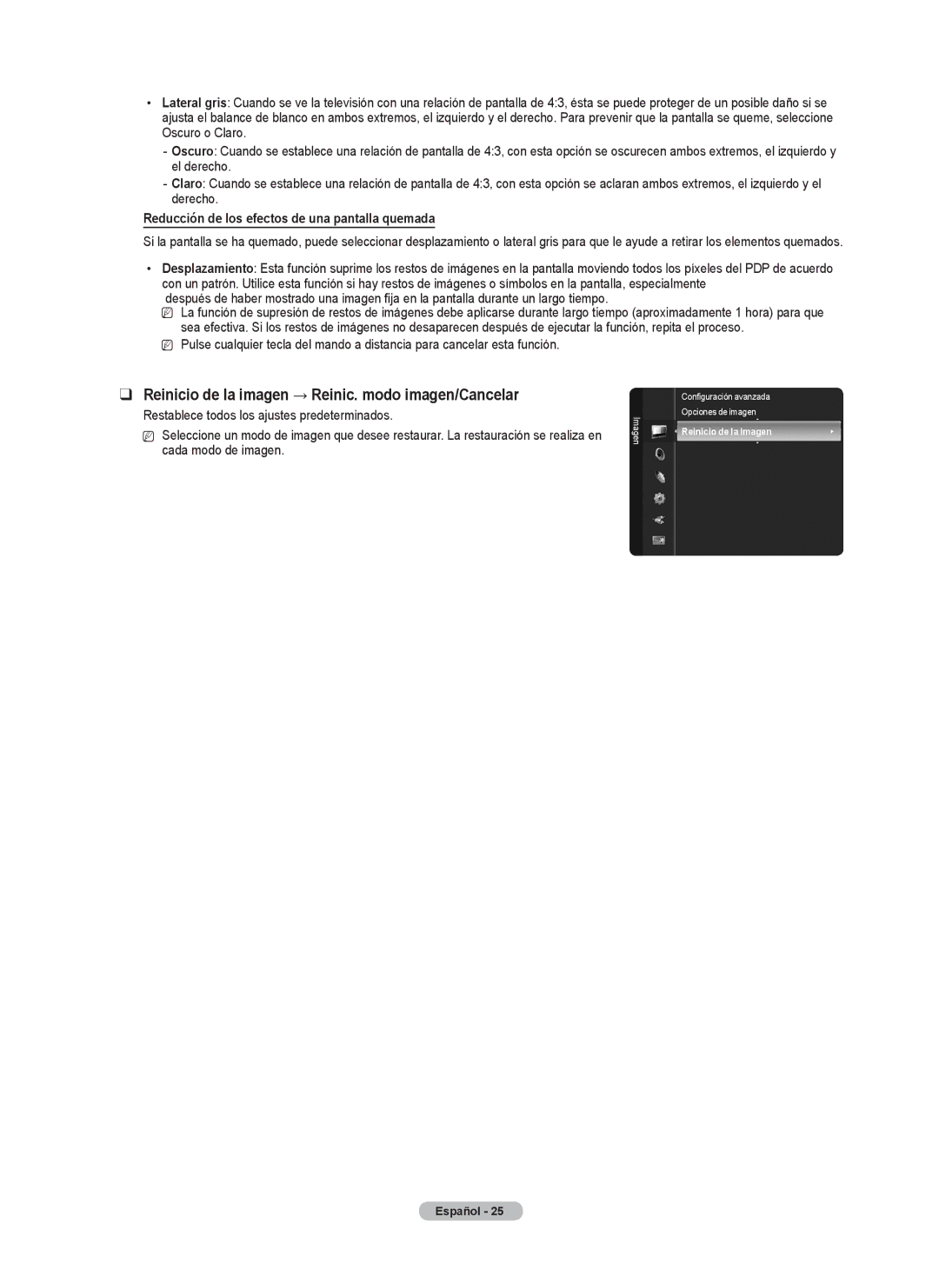 Samsung PN58B530 Reinicio de la imagen → Reinic. modo imagen/Cancelar, Reducción de los efectos de una pantalla quemada 