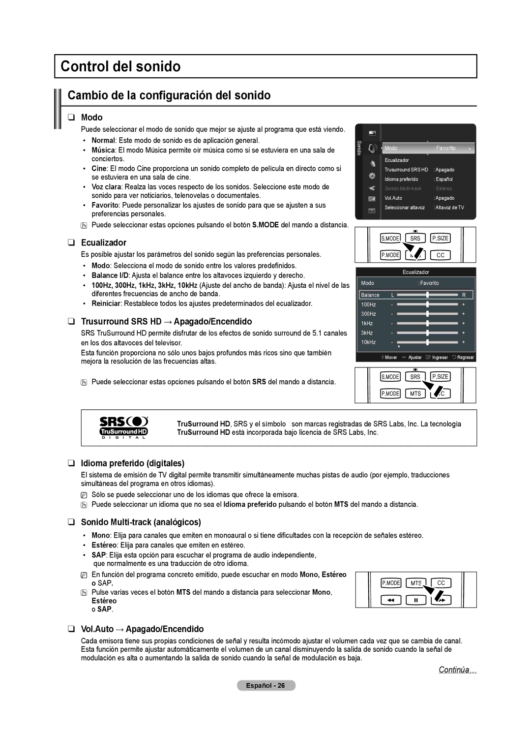 Samsung Series P5, BN68-02140A-00, PN50B50SF, PN58B530 user manual Control del sonido, Cambio de la configuración del sonido 