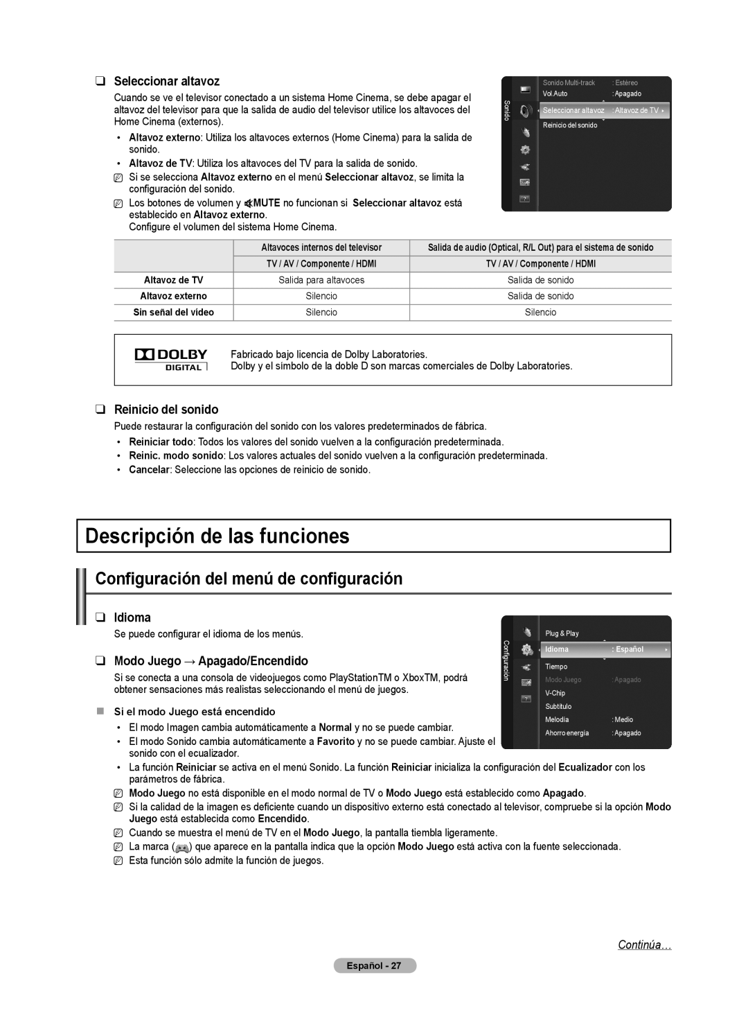 Samsung BN68-02140A-00 Descripción de las funciones, Configuración del menú de configuración, Reinicio del sonido, Idioma 