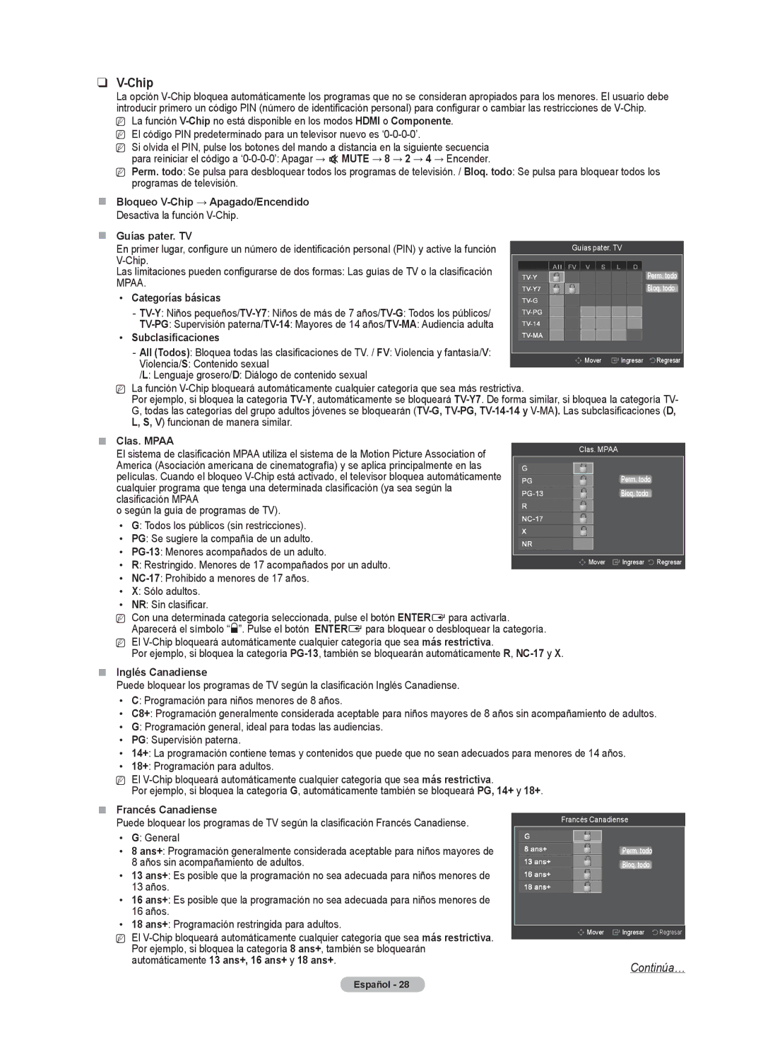 Samsung PN50B50SF  Bloqueo V-Chip → Apagado/Encendido,  Guías pater. TV, Categorías básicas, Subclasificaciones 