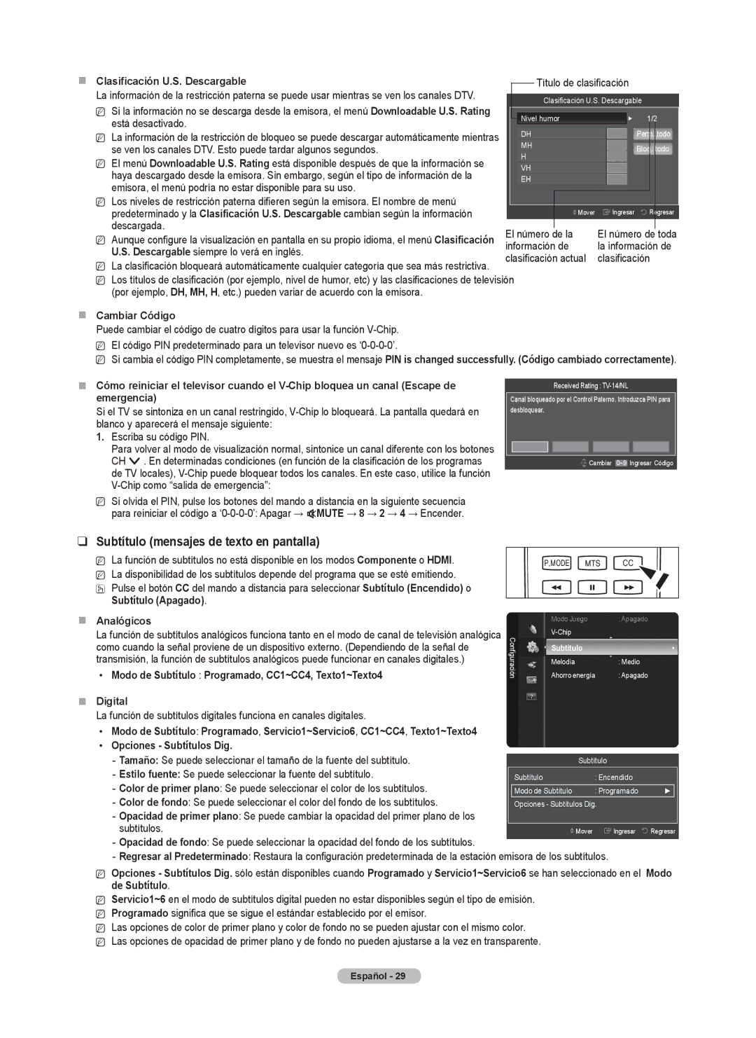 Samsung PN58B530, BN68-02140A-00, PN50B50SF, Series P5 user manual Subtítulo mensajes de texto en pantalla,  Cambiar Código 