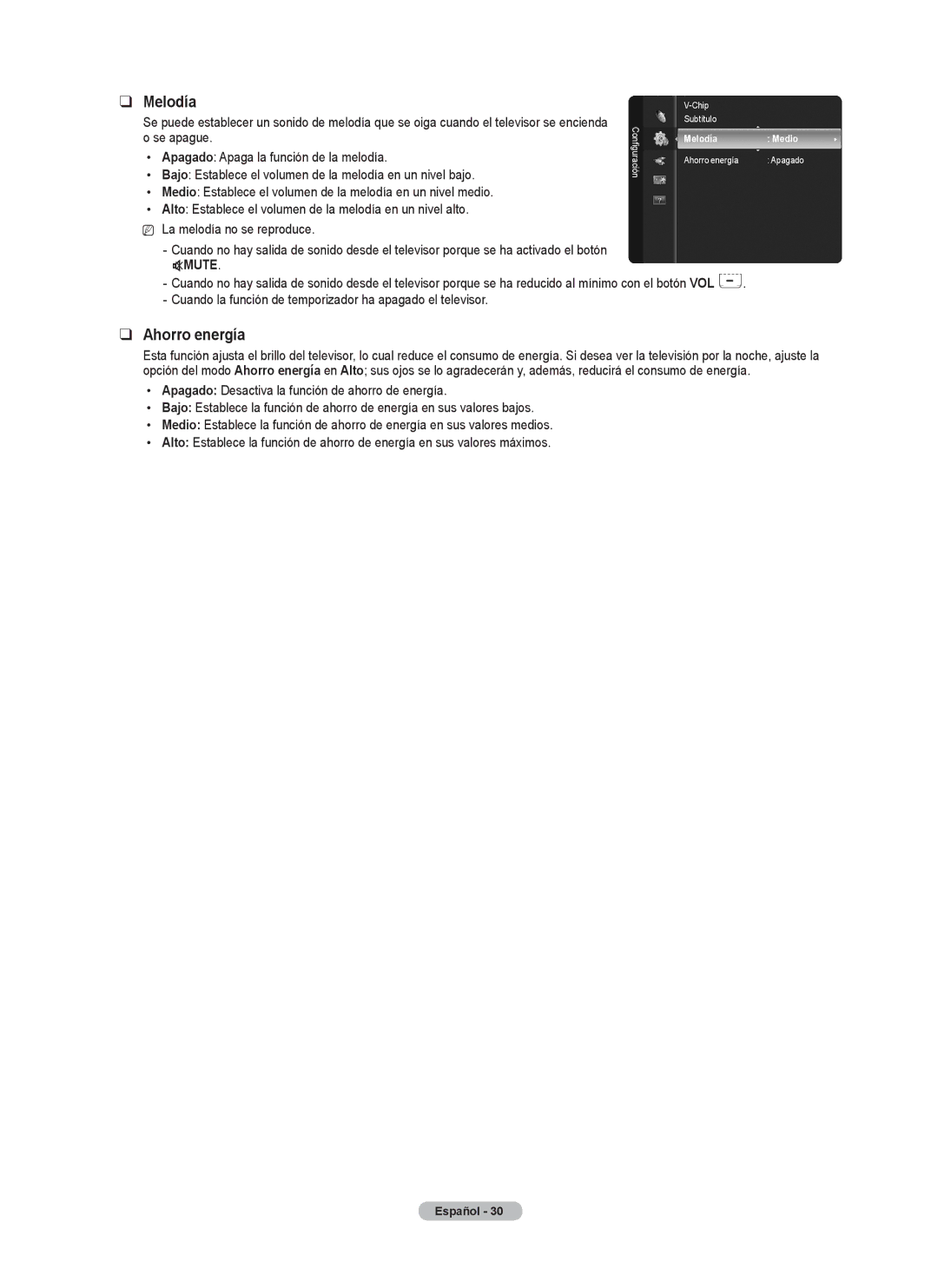 Samsung Series P5, PN50B50SF Melodía, Ahorro energía, Se apague, Cuando la función de temporizador ha apagado el televisor 