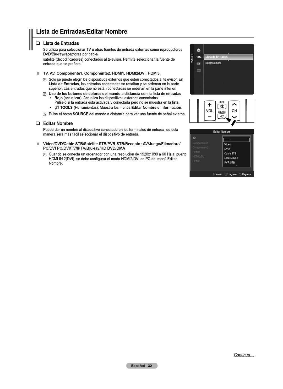 Samsung PN50B50SF, PN58B530 Lista de Entradas/Editar Nombre,  TV, AV, Componente1, Componente2, HDMI1, HDMI2/DVI, HDMI3 