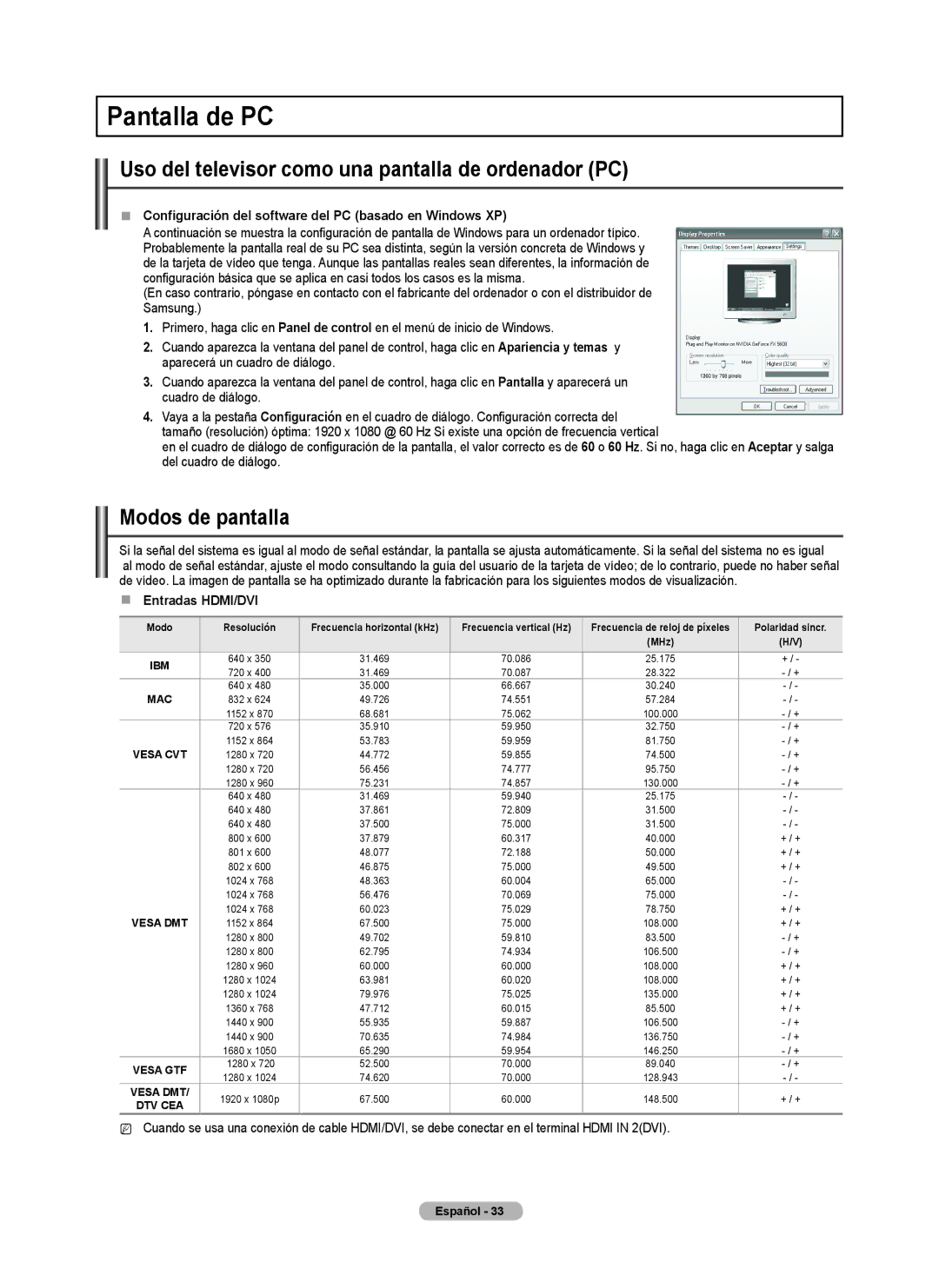 Samsung PN58B530, BN68-02140A-00 Pantalla de PC, Uso del televisor como una pantalla de ordenador PC, Modos de pantalla 