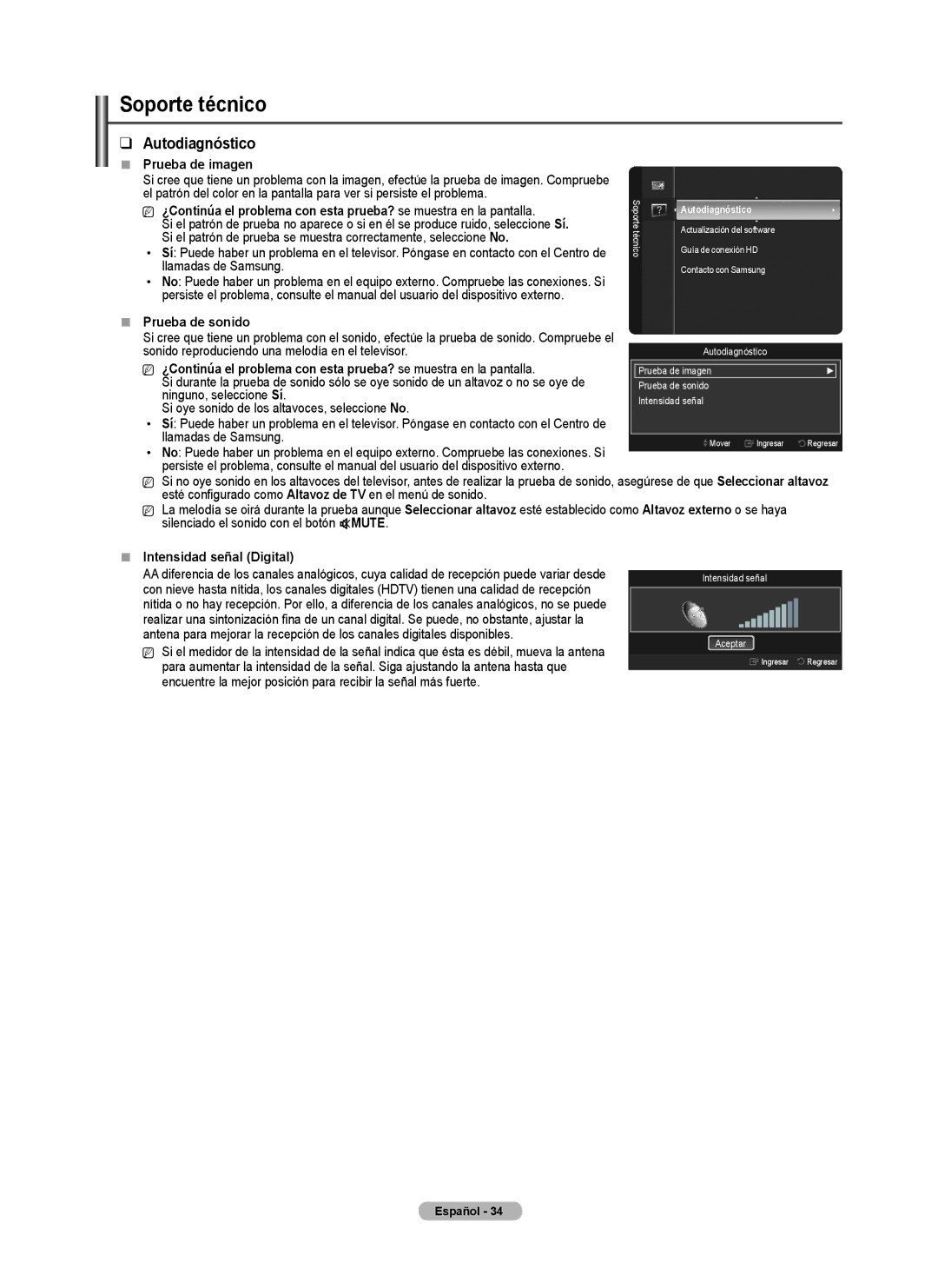 Samsung Series P5 Soporte técnico, Autodiagnóstico,  Prueba de imagen,  Prueba de sonido,  Intensidad señal Digital 