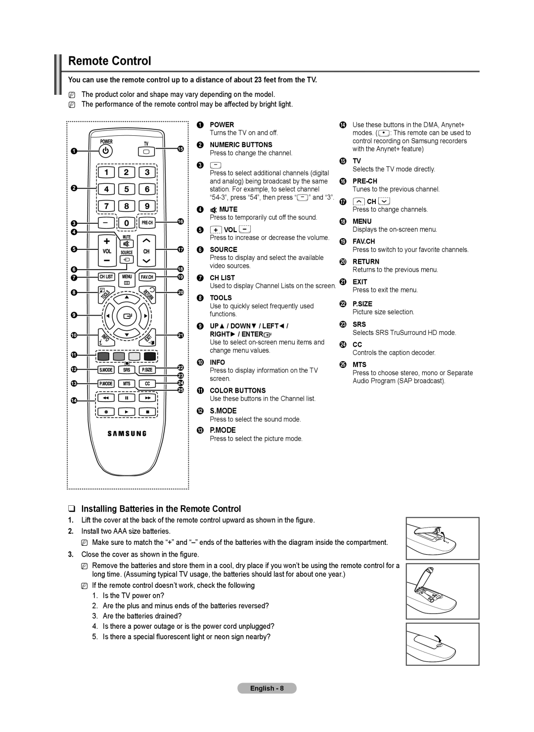 Samsung BN68-02140A-00, PN50B50SF, PN58B530, Series P5 user manual Installing Batteries in the Remote Control 