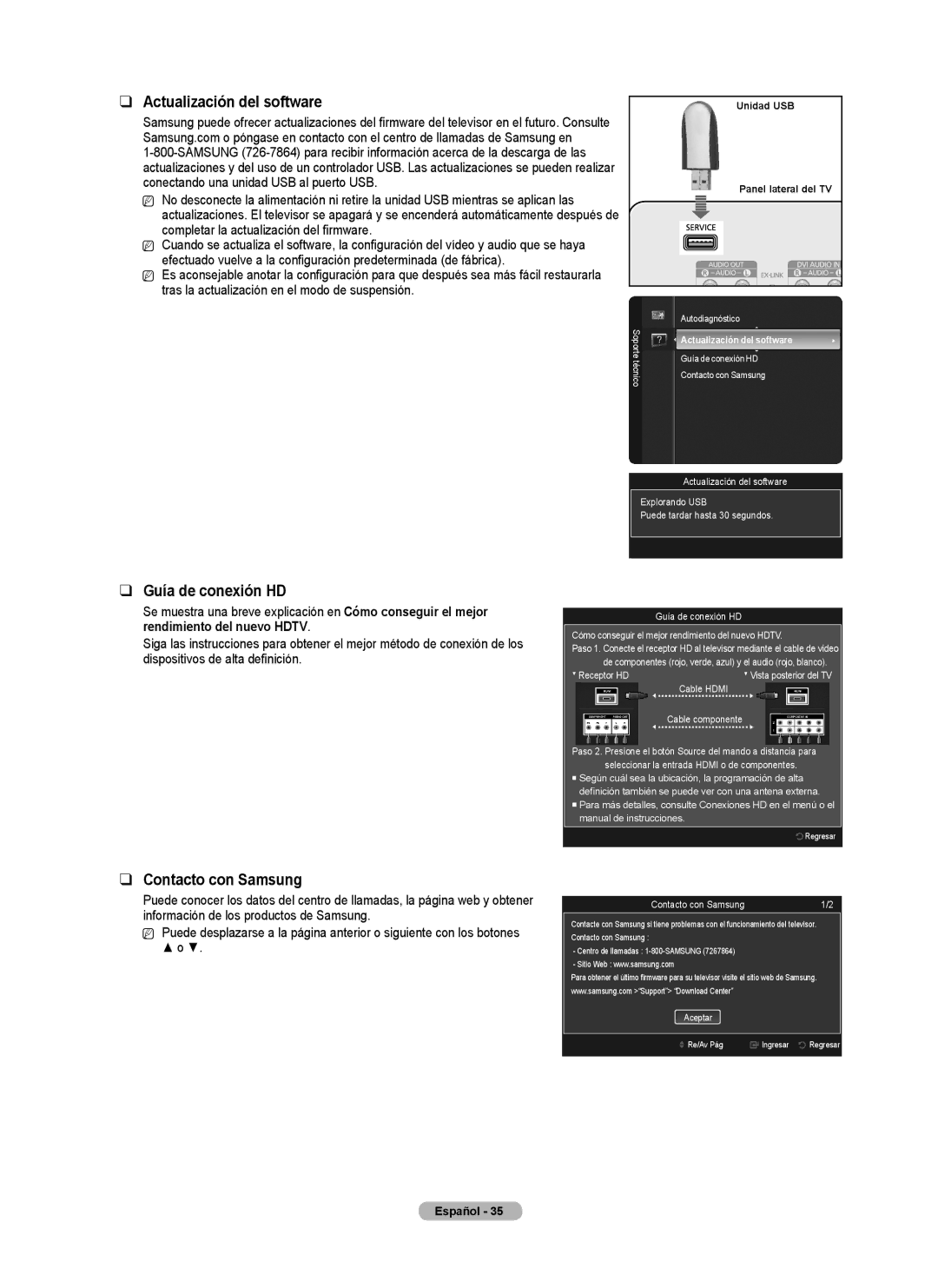 Samsung BN68-02140A-00, PN50B50SF, PN58B530, Series P5 Actualización del software, Guía de conexión HD, Contacto con Samsung 