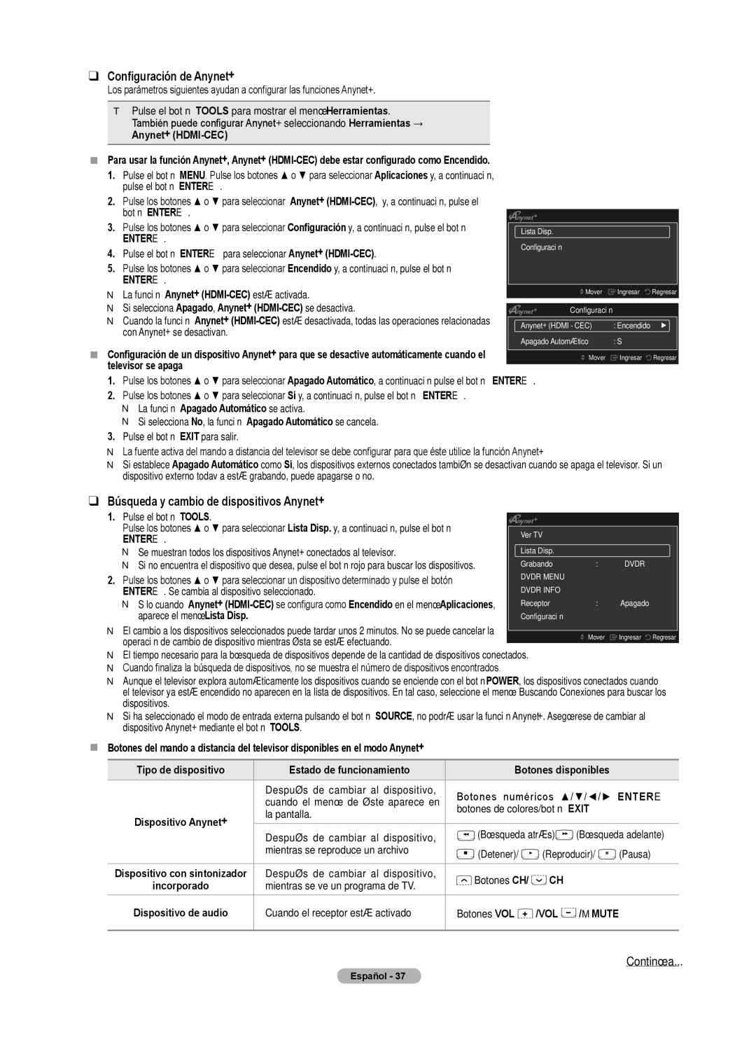 Samsung PN58B530, BN68-02140A-00, PN50B50SF, Series P5 Configuración de Anynet+, Búsqueda y cambio de dispositivos Anynet+ 