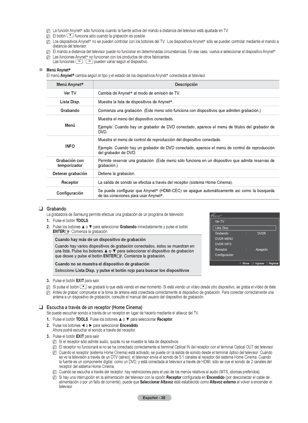 Samsung Series P5, BN68-02140A-00, PN50B50SF, PN58B530 user manual Grabando, Escucha a través de un receptor Home Cinema 