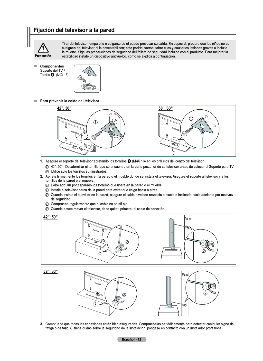 Samsung Series P5 Fijación del televisor a la pared,  Componentes, Soporte del TV,  Para prevenir la caída del televisor 