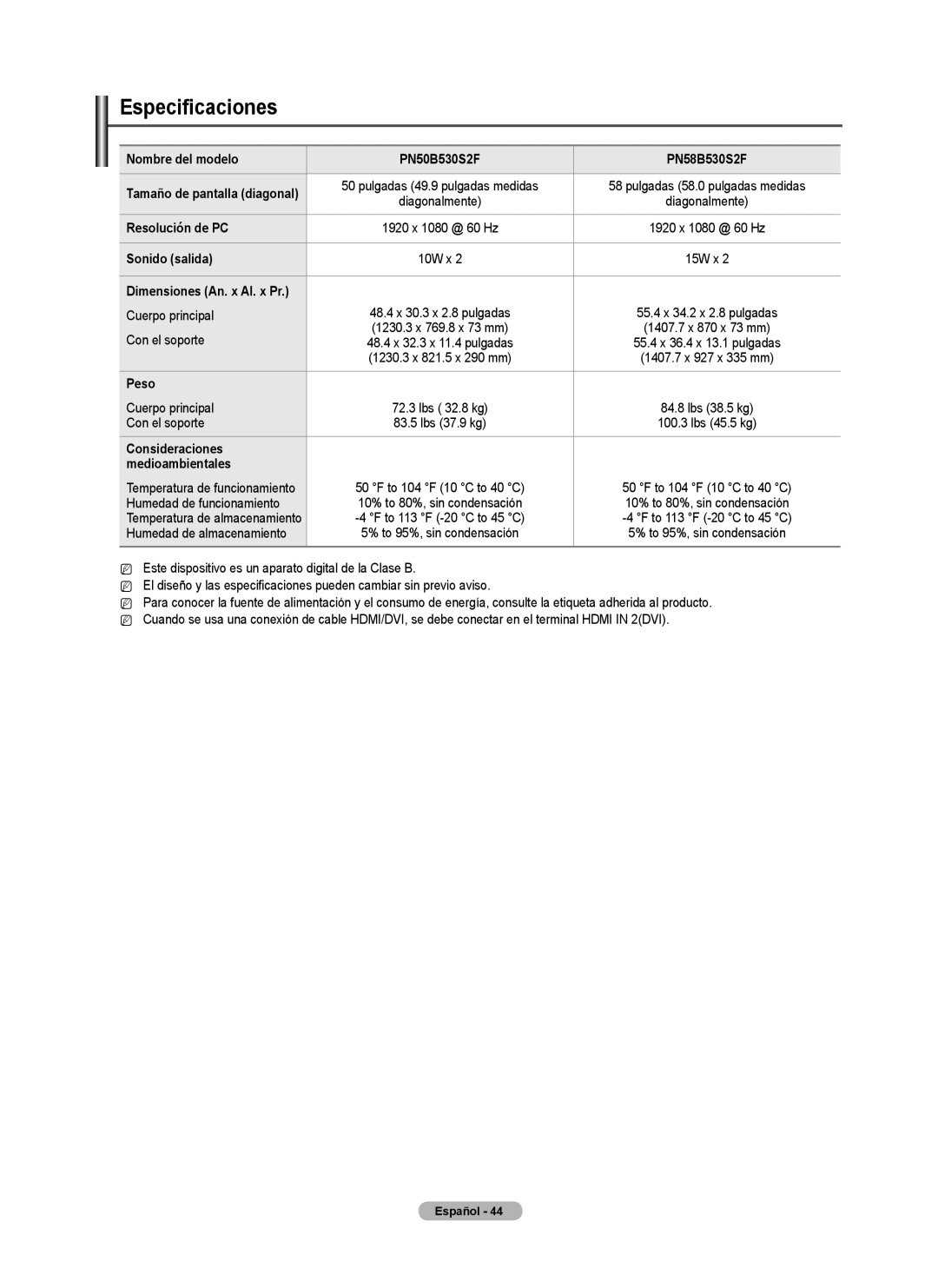 Samsung PN50B50SF, BN68-02140A-00, PN58B530, Series P5 user manual Especificaciones 