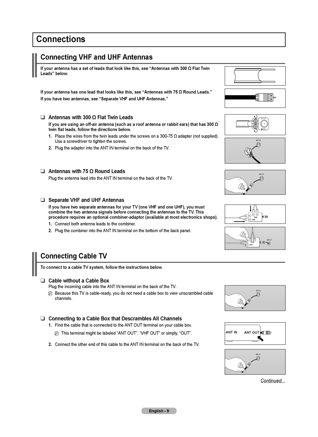 Samsung PN50B50SF, BN68-02140A-00, PN58B530, Series P5 Connections, Connecting VHF and UHF Antennas, Connecting Cable TV 