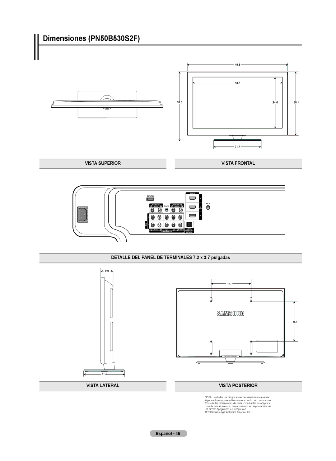 Samsung PN58B530, BN68-02140A-00, PN50B50SF Dimensiones PN50B530S2F, Detalle DEL Panel DE Terminales 7.2 x 3.7 pulgadas 