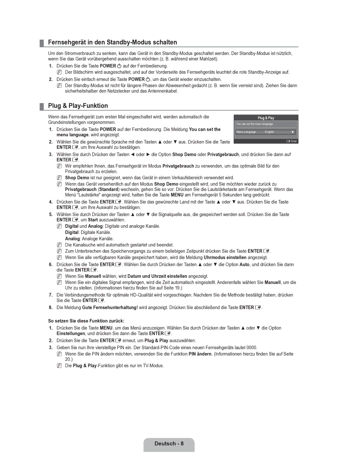 Samsung BN68-02163A-00 user manual Fernsehgerät in den Standby-Modus schalten, Plug & Play-Funktion 