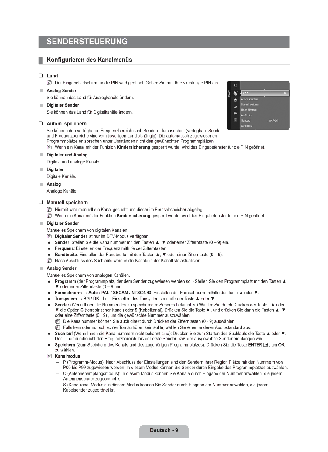 Samsung BN68-02163A-00 user manual Sendersteuerung, Konfigurieren des Kanalmenüs, Land, Autom. speichern, Manuell speichern 