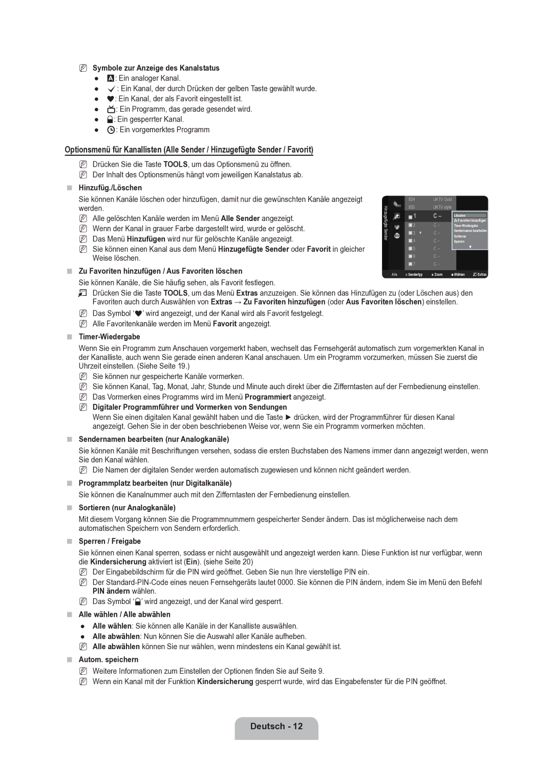 Samsung BN68-02163A-00 Symbole zur Anzeige des Kanalstatus,  Hinzufüg./Löschen,  Timer-Wiedergabe,  Sperren / Freigabe 