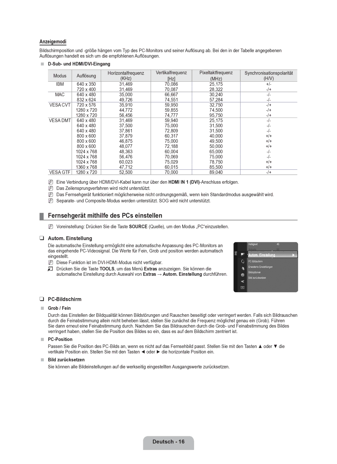 Samsung BN68-02163A-00 user manual Fernsehgerät mithilfe des PCs einstellen, Anzeigemodi, Autom. Einstellung, PC-Bildschirm 