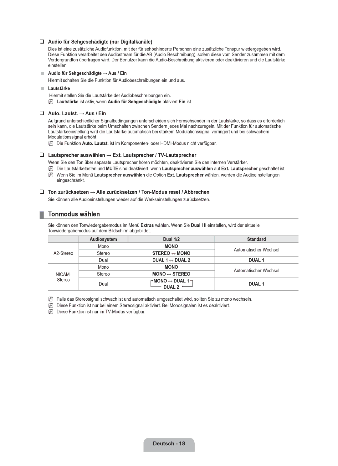 Samsung BN68-02163A-00 user manual Tonmodus wählen, Audio für Sehgeschädigte nur Digitalkanäle, Auto. Lautst. → Aus / Ein 