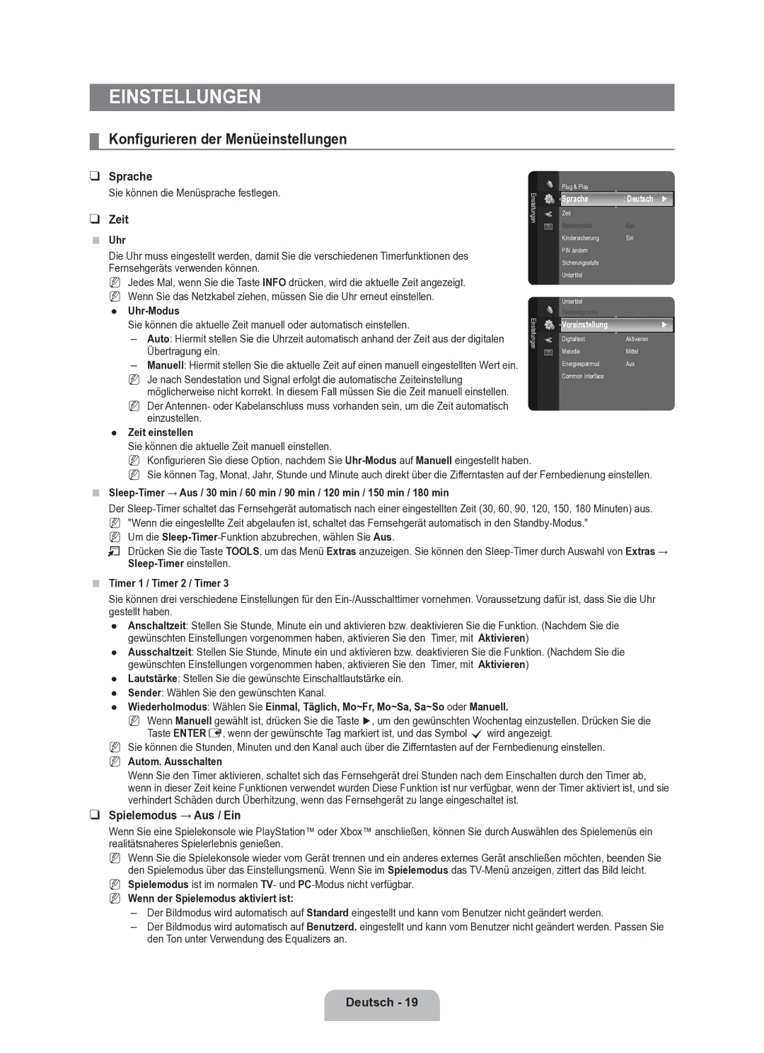 Samsung BN68-02163A-00 Einstellungen, Konfigurieren der Menüeinstellungen, Sprache, Zeit, Spielemodus → Aus / Ein 