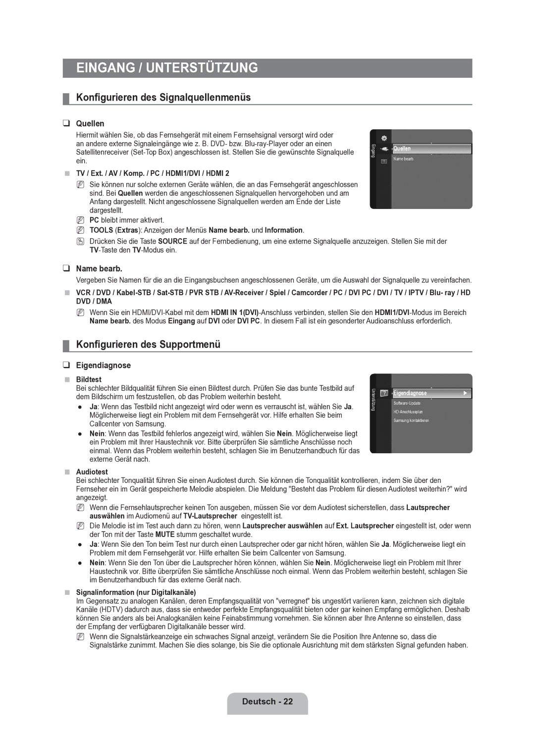 Samsung BN68-02163A-00 Eingang / Unterstützung, Konfigurieren des Signalquellenmenüs, Konfigurieren des Supportmenü 