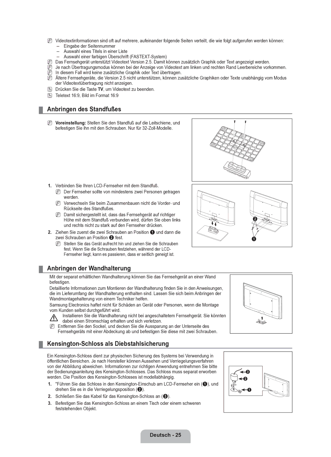 Samsung BN68-02163A-00 Anbringen des Standfußes, Anbringen der Wandhalterung, Kensington-Schloss als Diebstahlsicherung 