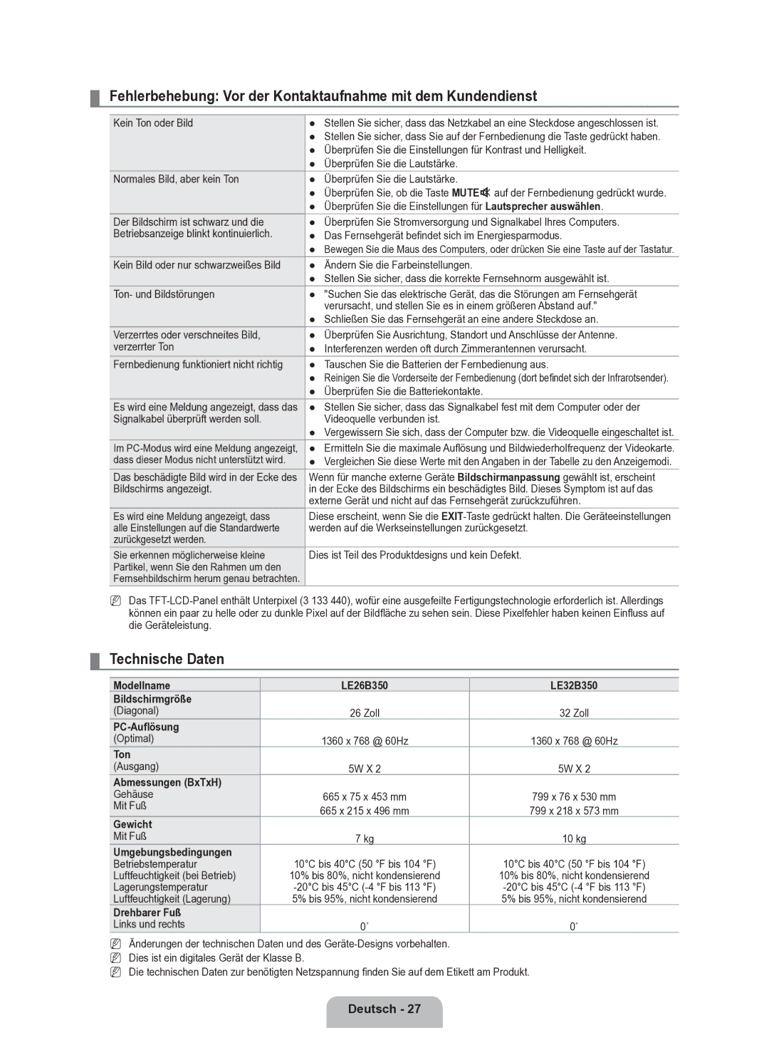 Samsung BN68-02163A-00 user manual Fehlerbehebung Vor der Kontaktaufnahme mit dem Kundendienst, Technische Daten 