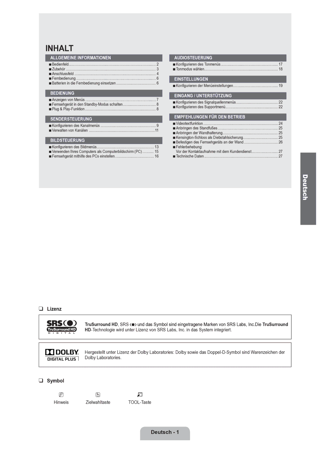 Samsung BN68-02163A-00 user manual Lizenz, Symbol, Deutsch, Hinweis Zielwahltaste TOOL-Taste 