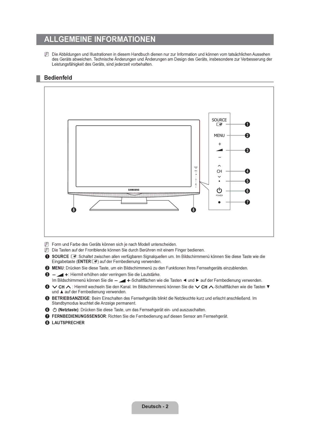 Samsung BN68-02163A-00 user manual Allgemeine Informationen, Bedienfeld 