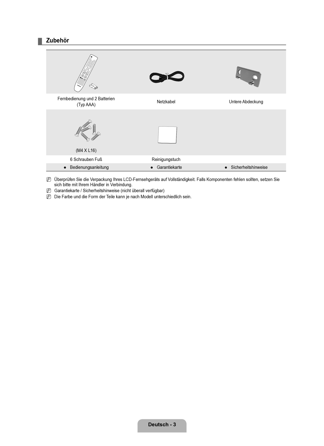 Samsung BN68-02163A-00 user manual Zubehör, Netzkabel, M4 X L16, Sicherheitshinweise 