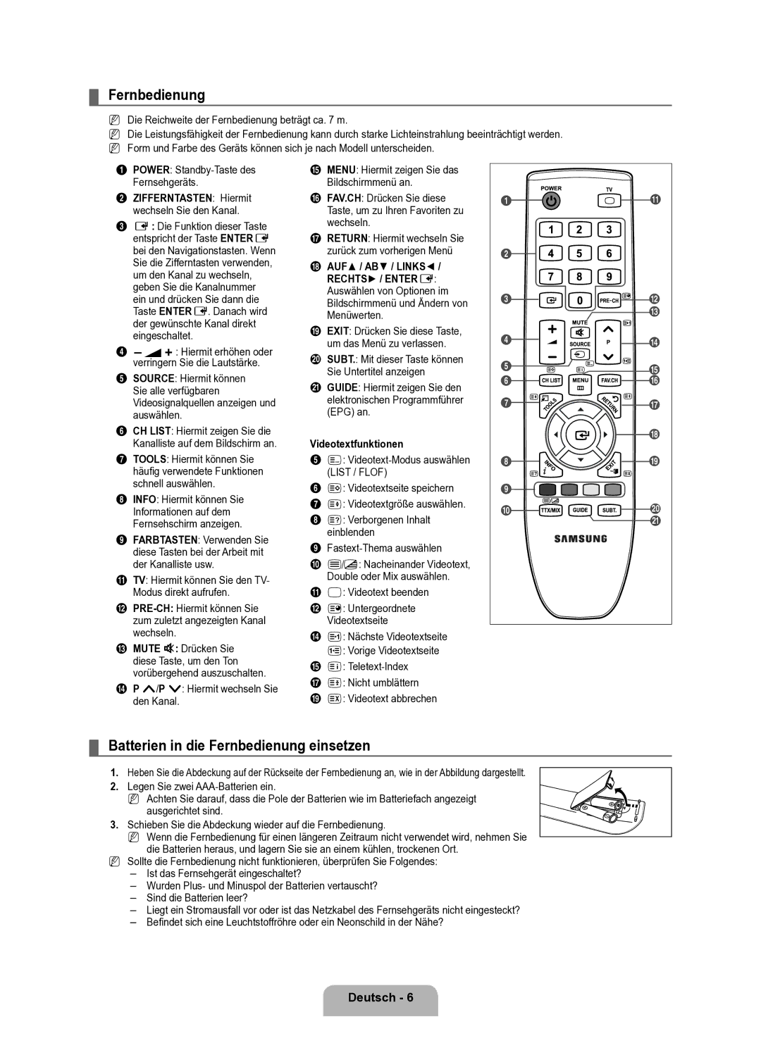 Samsung BN68-02163A-00 user manual Batterien in die Fernbedienung einsetzen, Zifferntasten Hiermit, AUF / AB / Links 