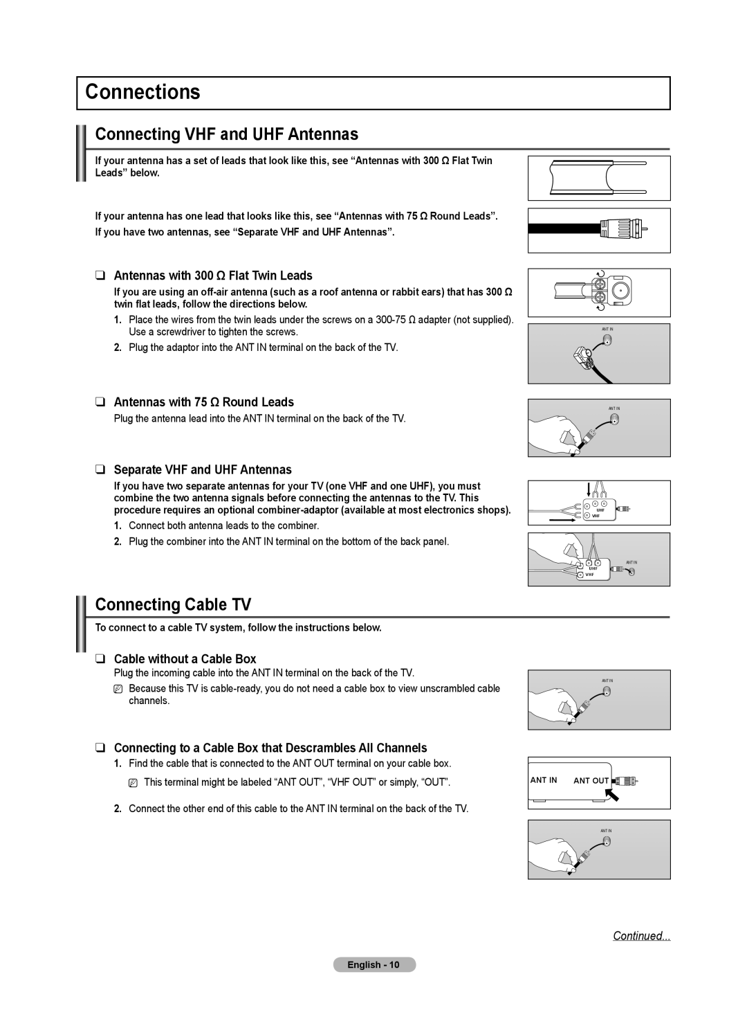 Samsung PN6B550T2F, BN68-02221B-00, PN50B550TF, PN6B590T5F Connections, Connecting VHF and UHF Antennas, Connecting Cable TV 