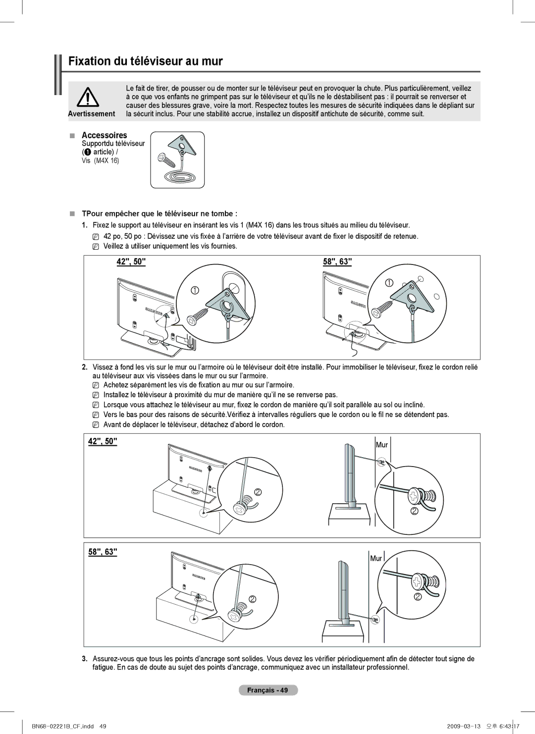 Samsung PN50B550TF, BN68-02221B-00 Fixation du téléviseur au mur,  Accessoires, Supportdu téléviseur Article, Mur 