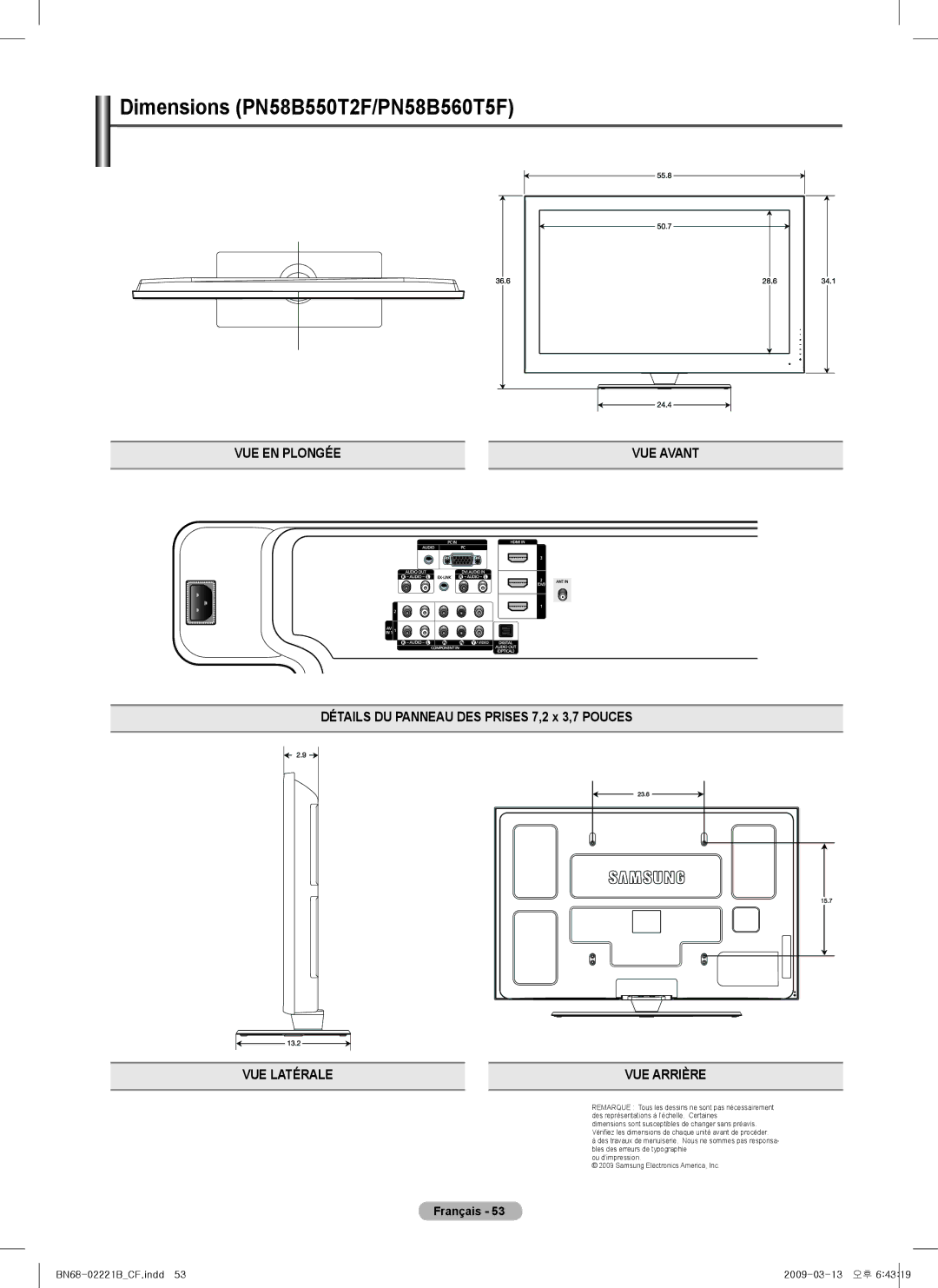 Samsung PN58B550TF, BN68-02221B-00, PN50B550TF, PN6B590T5F, PNB590T5F, PN6B550T2F user manual Dimensions PN58B550T2F/PN58B560T5F 