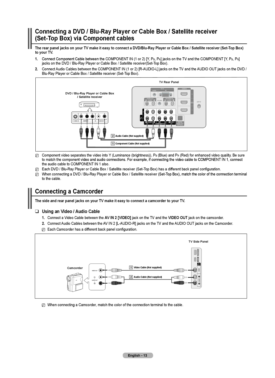 Samsung PN50B550TF, BN68-02221B-00, PN6B590T5F, PNB590T5F, PN6B550T2F Connecting a Camcorder, Using an Video / Audio Cable 