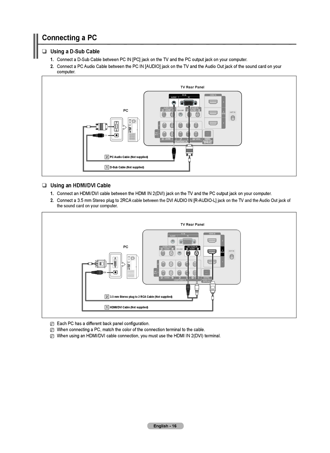 Samsung PN6B550T2F, BN68-02221B-00, PN50B550TF, PN6B590T5F Connecting a PC, Using a D-Sub Cable, Using an HDMI/DVI Cable 