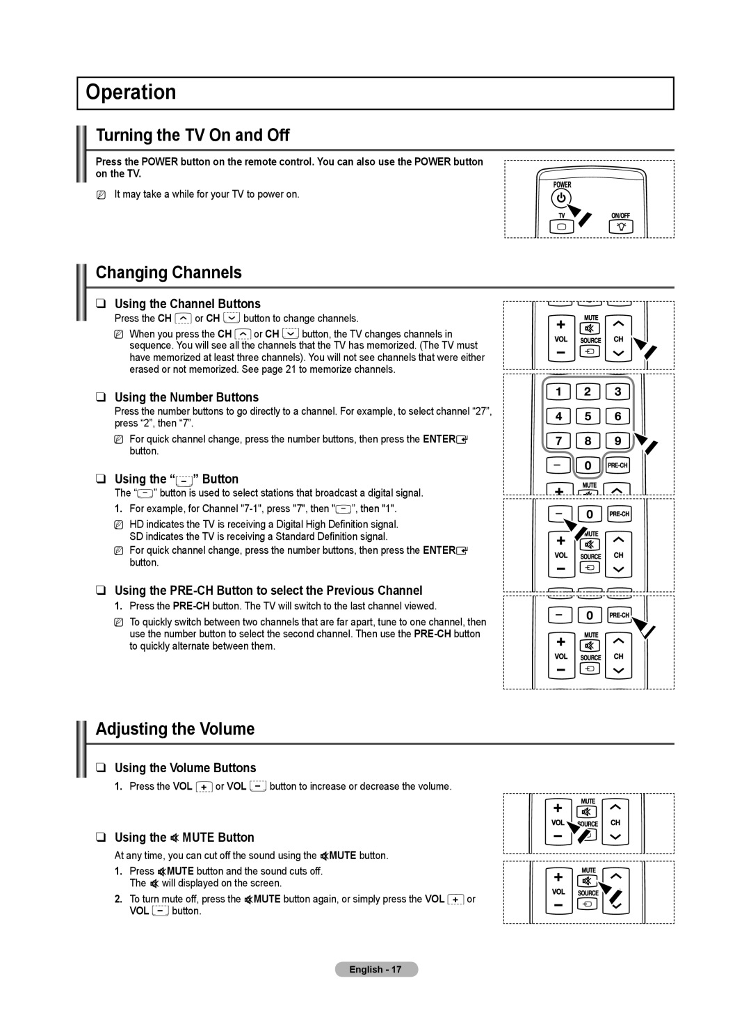 Samsung PN58B550TF, BN68-02221B-00, PNB590T5F Operation, Turning the TV On and Off, Changing Channels, Adjusting the Volume 