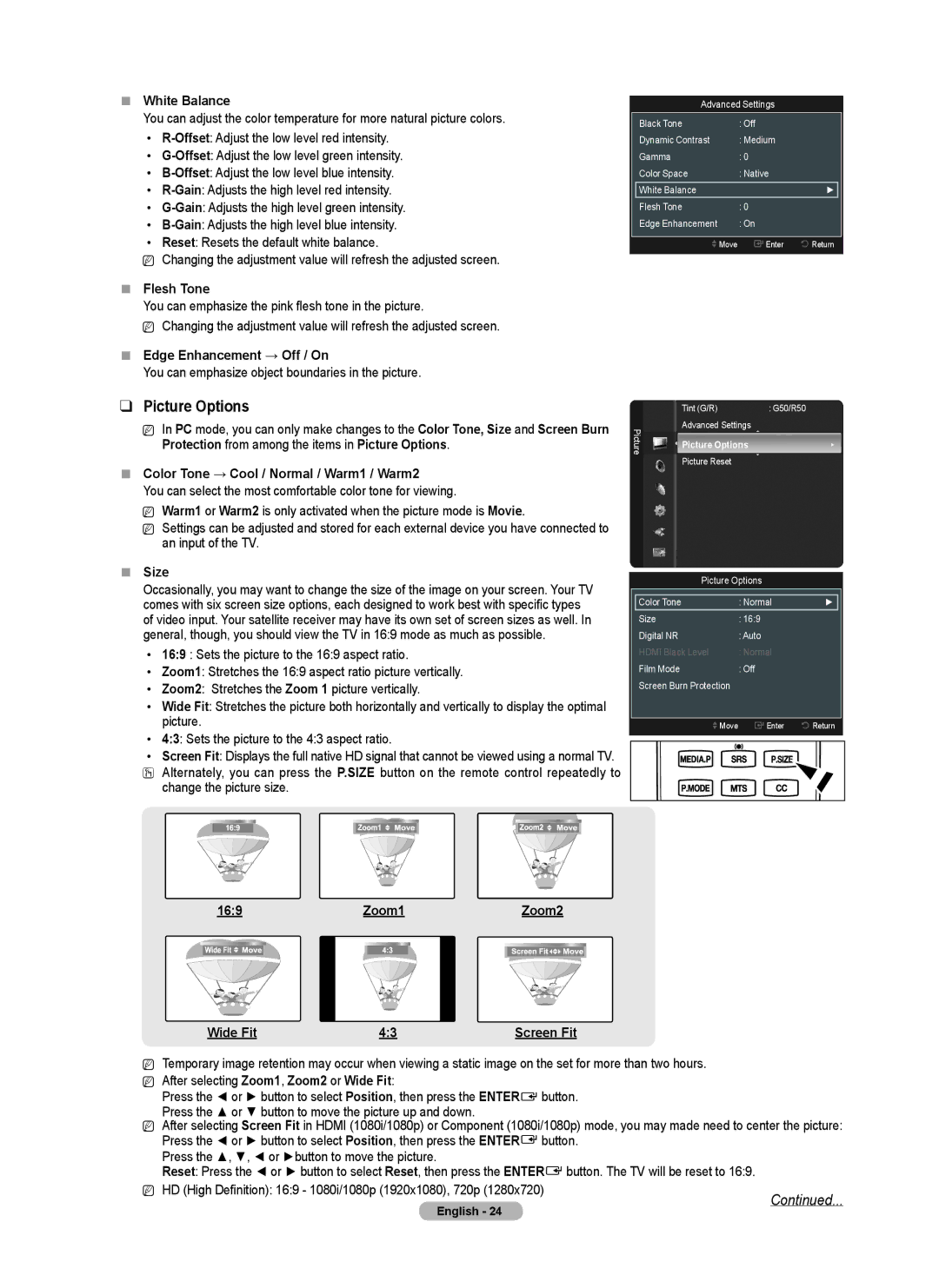 Samsung BN68-02221B-00, PN50B550TF, PN6B590T5F, PNB590T5F, PN6B550T2F, PN58B550TF user manual Picture Options 